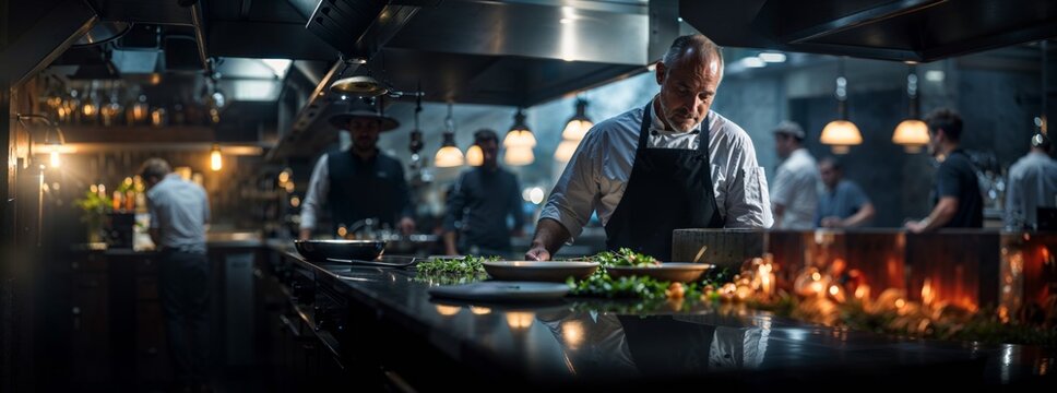 Culinary maestro at work in a starred restaurants bustling kitchen