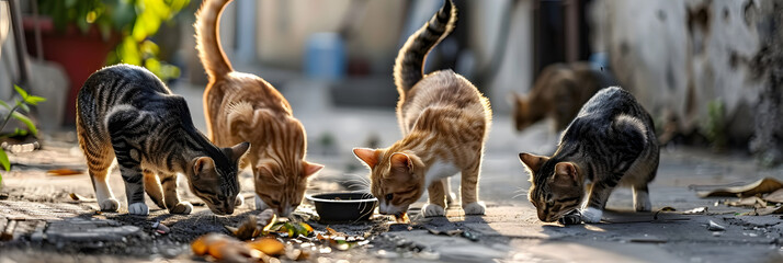 Stray Cats Feeding on a Sunlit Dirty Street. Concept Animal Rescue, Community Support, Stray Animals, Urban Environment, Compassion - obrazy, fototapety, plakaty