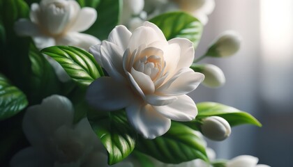 Fototapeta premium Close-Up: Jasmine Flowers in Full Bloom Highlighting Delicate White Petals