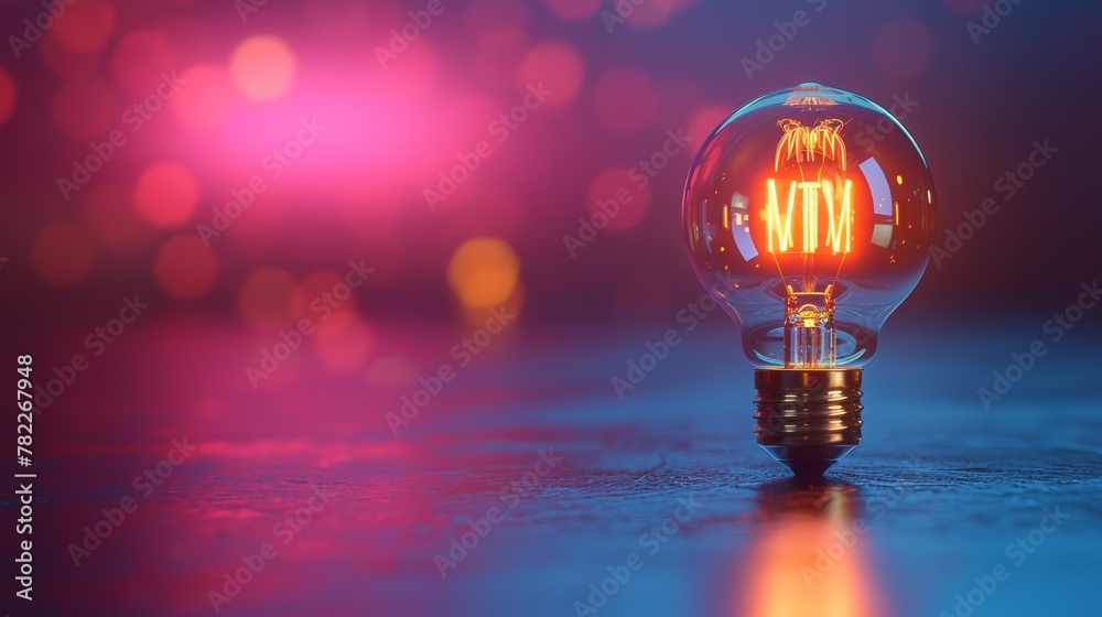 Aufkleber Illuminated light bulb on a reflective surface with bokeh background
