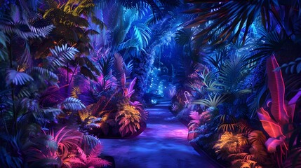 Radiant Neon Jungle Illuminating a Mystical Hidden Path Through a Fantastical,Glowing Garden Landscape