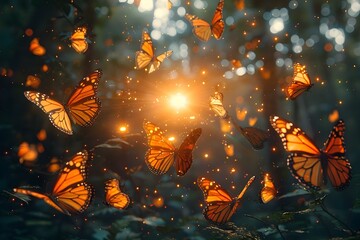 Butterfly Ballet in the Forest's Glow. Concept Nature Photography, Creative Dance, Enchanted Forest, Magical Moments