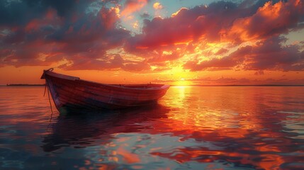 Red boat on calm water during sunset