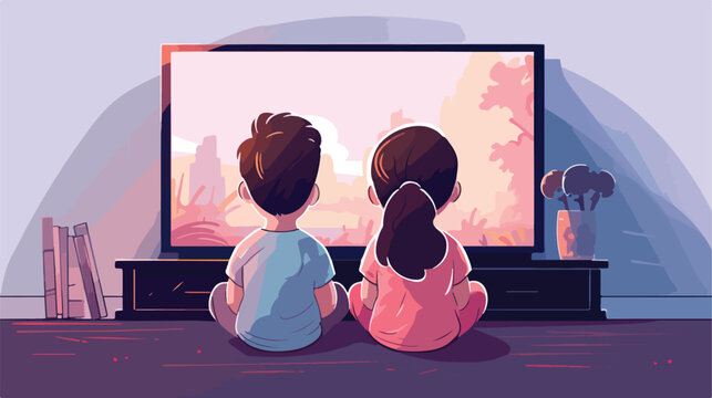 Back view of kids watching cartoon flat vector illu
