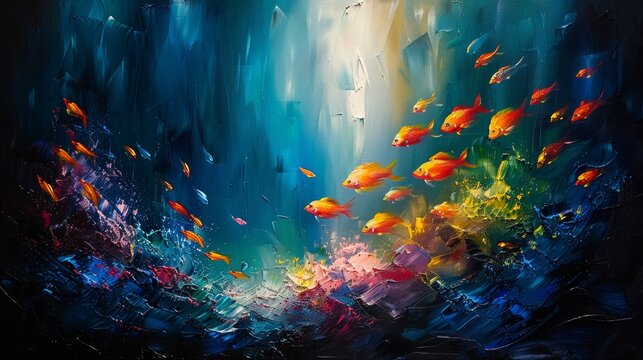 oil painting of fishes in the sea abstract with visible bush strokes