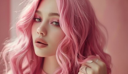 A model with long pink hair, a beautiful woman portrait in the style of flowing rose gold hair. A beautiful girl with a perfect hairstyle and color