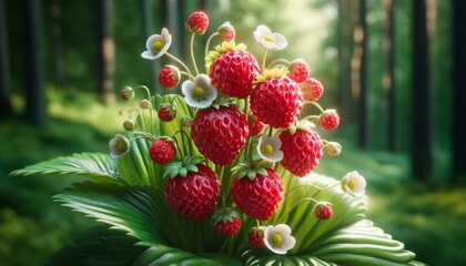 Close-Up: Cluster of Wild Strawberries in the Forest with Bright Red Berries and Small White Flowers