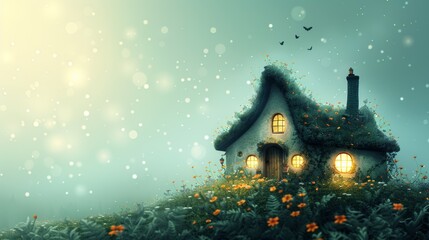 Night scene with a fairy-tale house in the forest on a green edge with fairy lights. Concept: cute art illustration of a hut. Copy space - obrazy, fototapety, plakaty