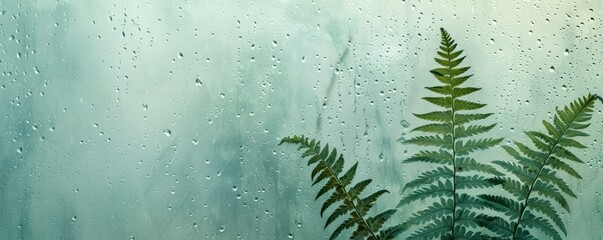 Fern leaves against a misty window with water droplets - obrazy, fototapety, plakaty