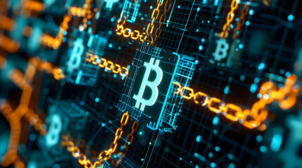 Fototapeta premium Blockchain technology and bitcoin cryptocurrency, digital transaction in future trend