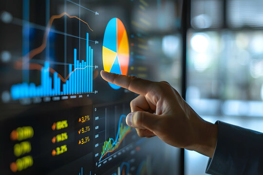 Financial dashboard showing diversification of investment or asset allocation or portfolio management on stock market and fund, pie chart and bar graph on digital screen