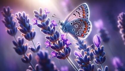 Close-Up: Butterfly Resting on a Vibrant Purple Lavender Flower, Highlighting the Intricacies of Its Wings