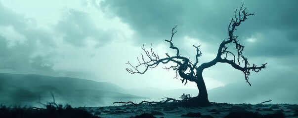 Solitary leafless tree in a misty landscape - obrazy, fototapety, plakaty