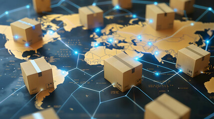 Product delivery that uses technology to help Increase speed and reduce costs to be more efficient, box package on world map, worldwide shipping concept - obrazy, fototapety, plakaty