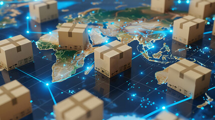 Product delivery that uses technology to help Increase speed and reduce costs to be more efficient, box package on world map, worldwide shipping concept