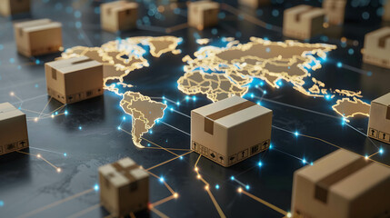 Product delivery that uses technology to help Increase speed and reduce costs to be more efficient, box package on world map, worldwide shipping concept - obrazy, fototapety, plakaty