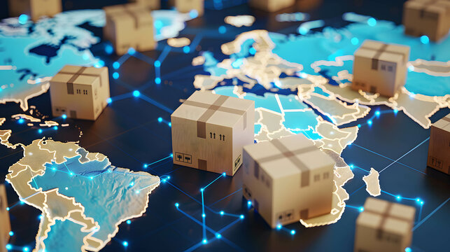 Product delivery that uses technology to help Increase speed and reduce costs to be more efficient, box package on world map, worldwide shipping concept