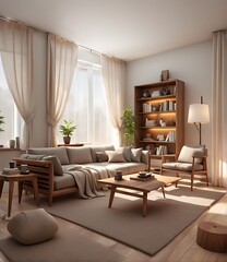 Home interior mock up, cozy modern room with natural wooden furniture, 3d render