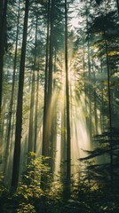 Sun rays piercing through a misty forest
