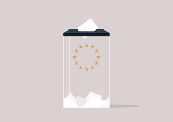 Democracy in Action, Casting Votes in the European Elections, A ballot box adorned with the EU flag symbolizes participatory democracy in Europe