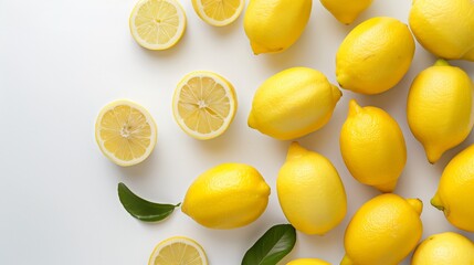 A banner with lemons on a white background top view. Horizontal photo with copy space.