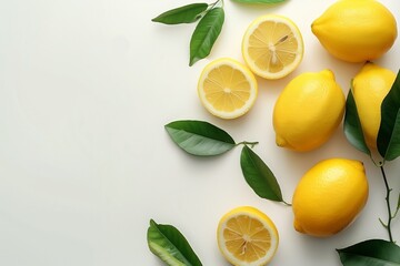 A banner with lemons on a white background top view. Horizontal photo with copy space.