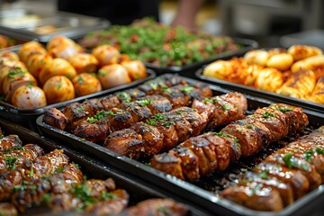 Elegant Buffet Spread Featuring Succulent Grilled Delights. Concept Food Photography, Grilled Dishes, Buffet Styling, Elegant Presentation, Succulent Delights