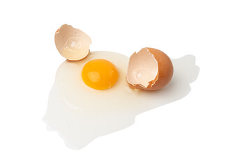 Broken Egg Isolated, Raw Yolk and White, Cracked Brown Shell, Fresh Broken Chicken Eggs on White...