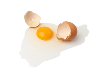 Broken Egg Isolated, Raw Yolk and White, Cracked Brown Shell, Fresh Broken Chicken Eggs on White Background