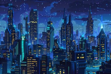 a digital illustration of a futuristic cityscape at night.