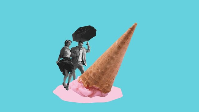 Stop motion. Animation. Beautiful couple with umbrella jumping over melted ice cream isolated on blue background. Romantic date. Concept of food, dessert, creativity, artwork. Copy space for ad