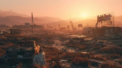 Fotobehang A post-apocalyptic wasteland in a video game, featuring crumbling infrastructure and desolate landscapes, © Amer
