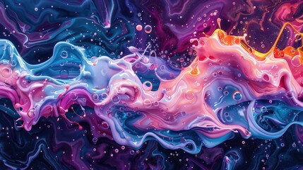 A vivid digital painting capturing the motion of probiotic drink pouring, with detailed splashes and droplets reflecting a vibrant palette - obrazy, fototapety, plakaty