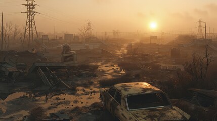 A post-apocalyptic wasteland in a video game, featuring crumbling infrastructure and desolate landscapes, - obrazy, fototapety, plakaty