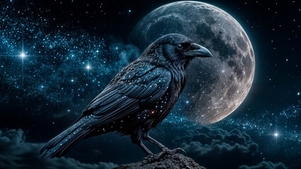Fototapeta premium Portrait of a black raven on the background of the moon