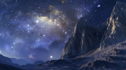 Starry night sky over a rocky mountain landscape