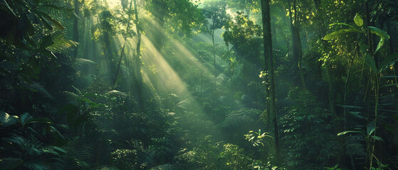 Sunny forest with tall trees and green leaves, light streaming through branches onto forest floor. - Powered by Adobe