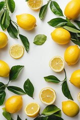 Lemons on a white background top view. Vertical photo with lemons and leaves.