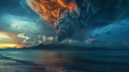 Dramatic volcanic eruption at sunset by the ocean