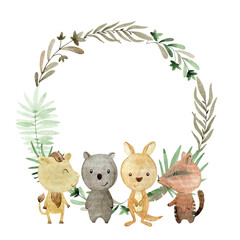 Baby shower card. Vector watercolor frame with australian animals.