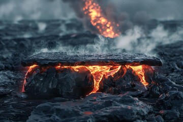 volcanic lava podium on rocky ground with fire smoke and magma elements 3d illustration - obrazy, fototapety, plakaty