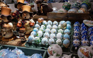 Salzburg, Austria, August 15 2022. A local handicraft product: decorated eggs to decorate on the...