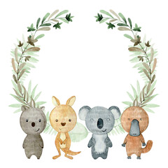 Baby shower card. Vector watercolor frame with australian animals. - 782270912