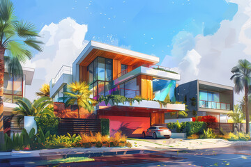 Perspective sketch illustration drawing of architectural concept. Full colorful abstract presentation of architecture project for communication design. AI Generative.
