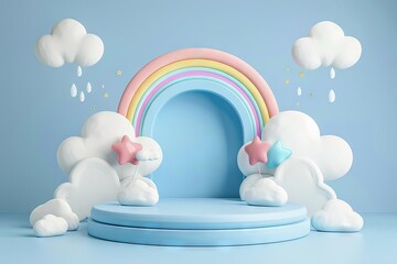 whimsical baby boy themed product display podium with clouds and rainbow 3d illustration - obrazy, fototapety, plakaty