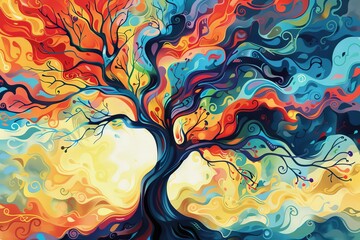 whimsical artistic tree with colorful swirling branches abstract surreal fantasy illustration - obrazy, fototapety, plakaty