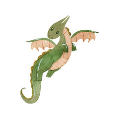 Cute cartoon dragon. Vector watercolor hand drawn illustration.