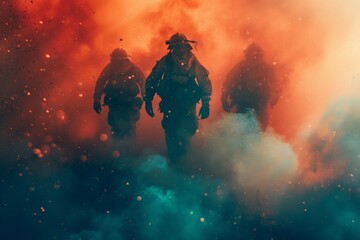 Firefighter's perspective battling blaze, Brave figures in firefighting gear emerge from haze of red and orange, a surreal and intense atmosphere of heat, as embers dance around them like fiery snow