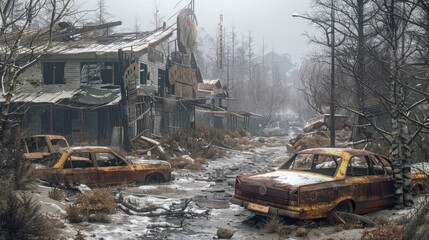 A post-apocalyptic wilderness in a video game, with abandoned settlements and dangerous wildlife, - obrazy, fototapety, plakaty