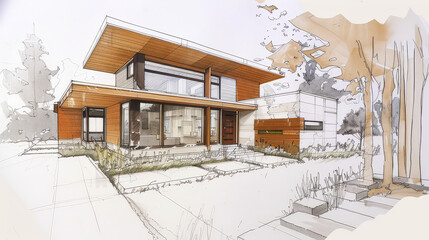 Perspective sketch illustration drawing of architectural concept. Full colorful abstract presentation of architecture project for communication design. AI Generative.